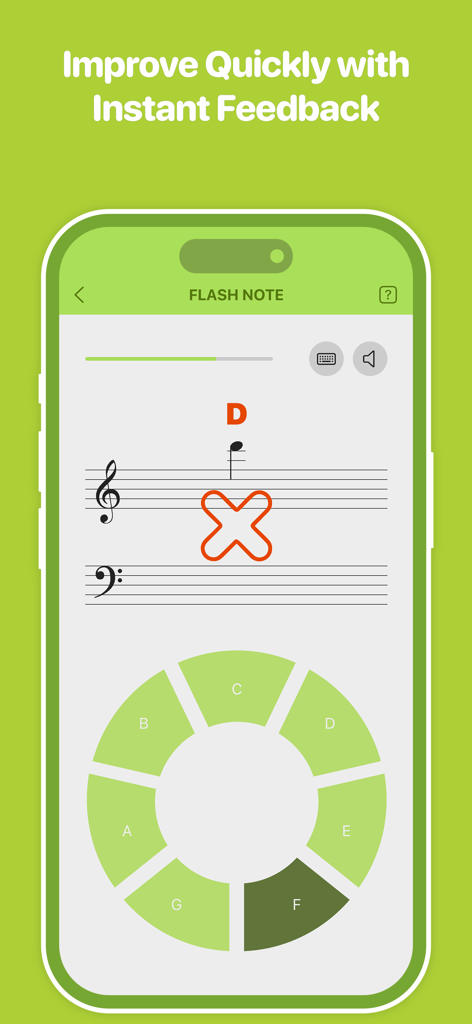Notaforte: Sight Reading Tutor - Notaforte app interface showing instant feedback with a red cross for an incorrect music note identification
