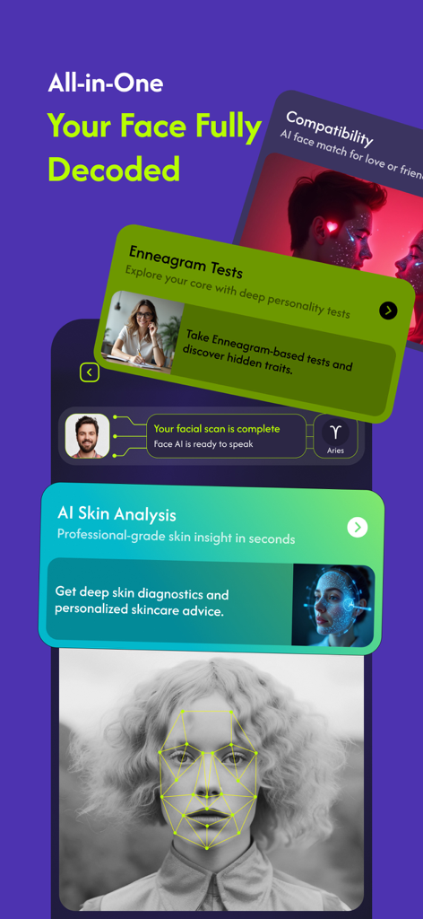 FaceYourself: AI Face Analysis - AI肌分析や性格テストを含むFaceYourselfアプリの機能概要