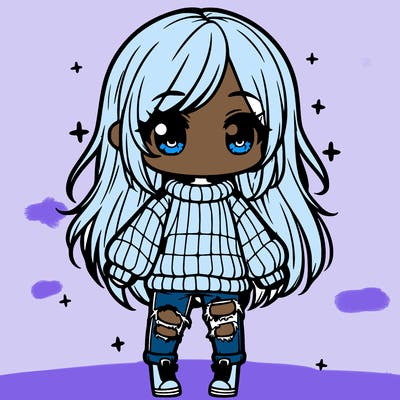 chibi girl with ripped jeans,long hair, and an oversized sweater