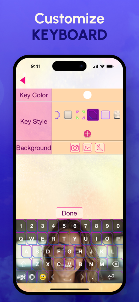 Photo Keyboard Theme Changer - Interfaccia dell'app iPhone per personalizzare lo sfondo della tastiera con una foto personale e selezionare gli stili dei tasti