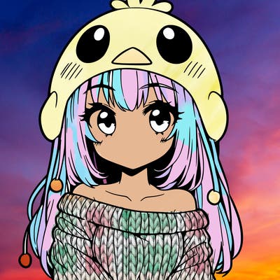 anime girl with chick shaped hat with sweater with bare shoulders with bangs covering them one eye with low tail
