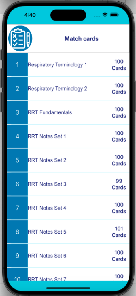 Lista de conjuntos de tarjetas de estudio RRT para la preparación del examen de terapia respiratoria.