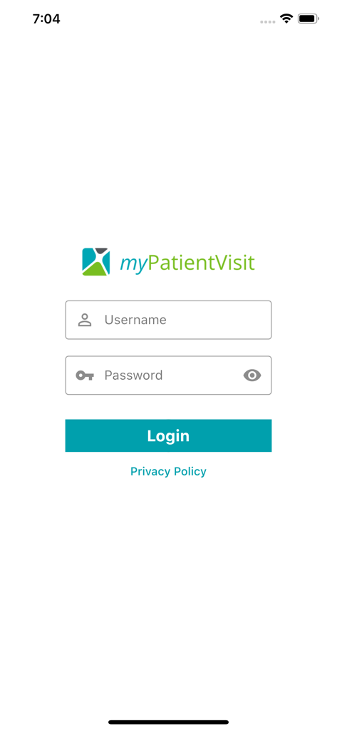 Login screen for the myPatientVisit app featuring username and password fields with a teal login button