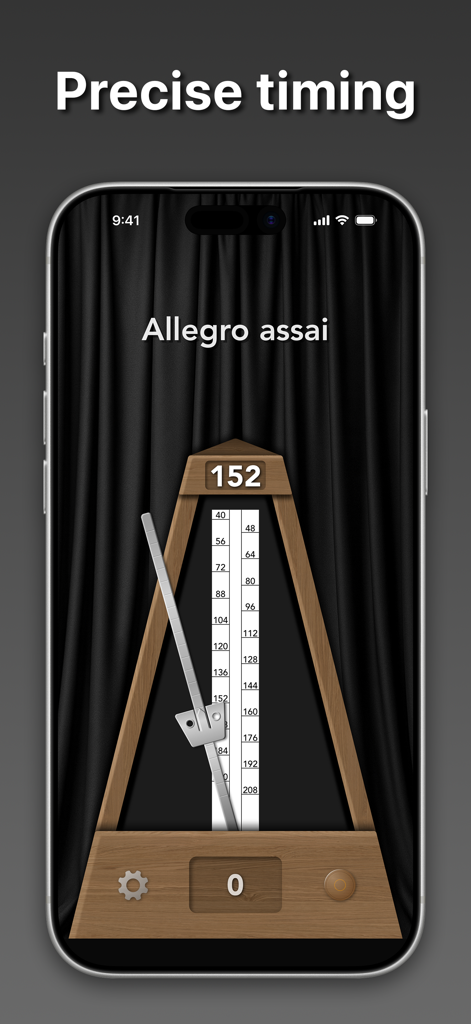 True Metronome - Interface da aplicação True Metronome com um design mecânico de madeira realista e ecrã de temporização precisa.