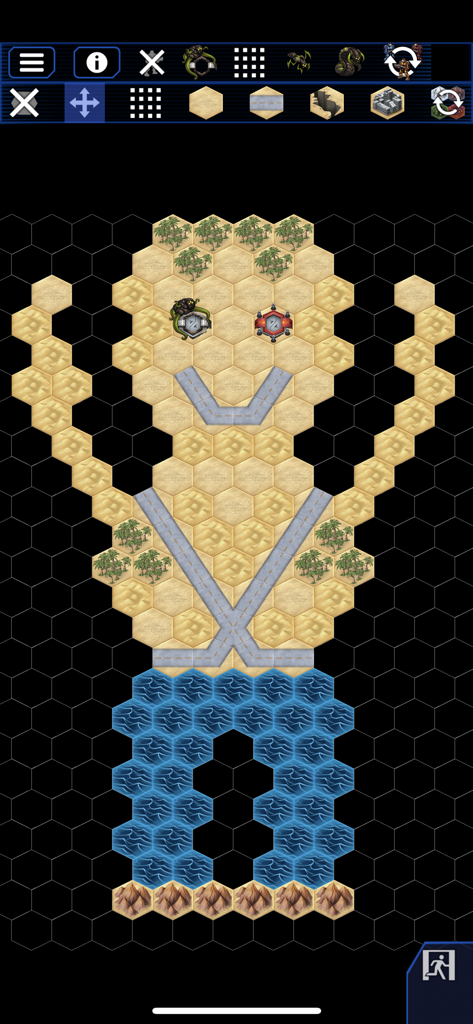 A custom hex-based game map in UniWar shaped like a human character using different terrain tiles