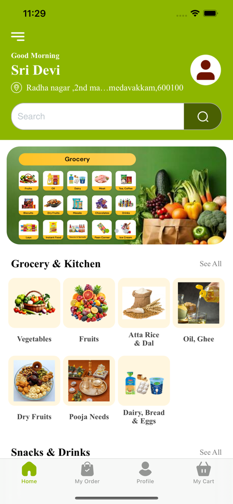 Smart Supermarket mobile app home screen showing grocery categories such as vegetables fruits and dairy