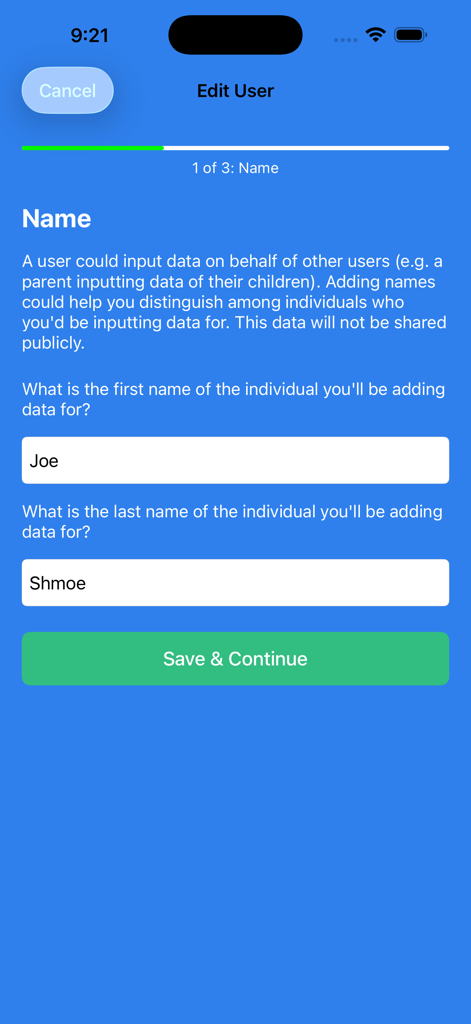 MasqFit - MasqFit 앱 화면, 사용자 프로필 설정 시 이름 입력 필드 표시