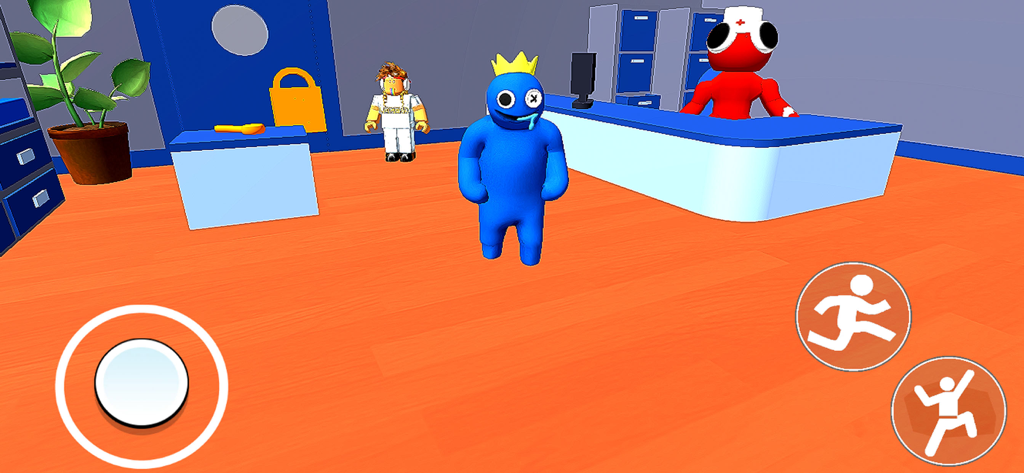 Rainbow Friends Obby : Roblox - Gameplay de Rainbow Friends Obby mostrando personajes Azul y Rojo en una consulta de dentista de bloques.