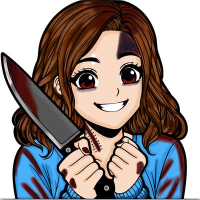 a realistic girl holding a knife and grinning