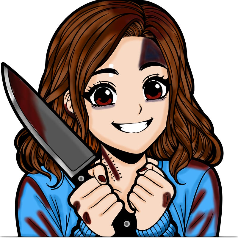 a realistic girl holding a knife and grinning