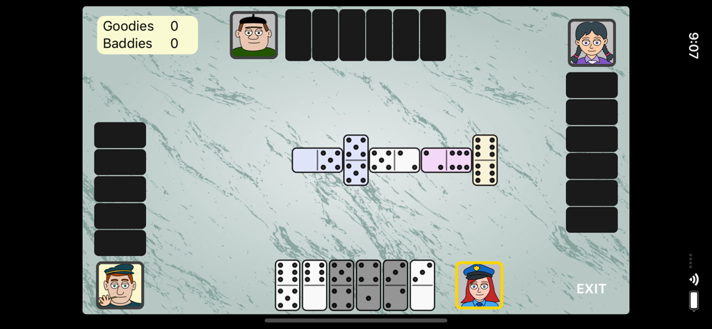 Partnership Dominoes - Gameplay screen of Partnership Dominoes showing four players around a virtual table with tiles