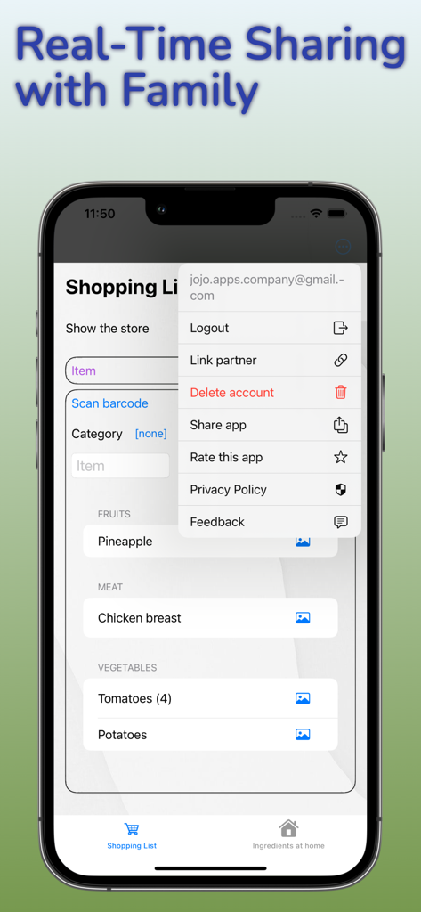 Smartphone displaying a shared grocery shopping list with a menu for linking a partner and sharing with family.