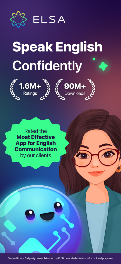 ELSA Speak app screen with tagline Speak English Confidently and statistics showing high ratings and downloads