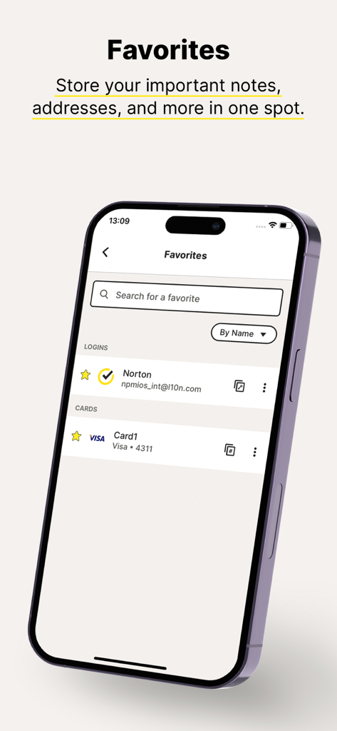 Norton Password Manager - Schermata dei preferiti di Norton Password Manager che mostra credenziali di accesso e informazioni sulla carta di credito archiviate in una cassaforte digitale sicura.