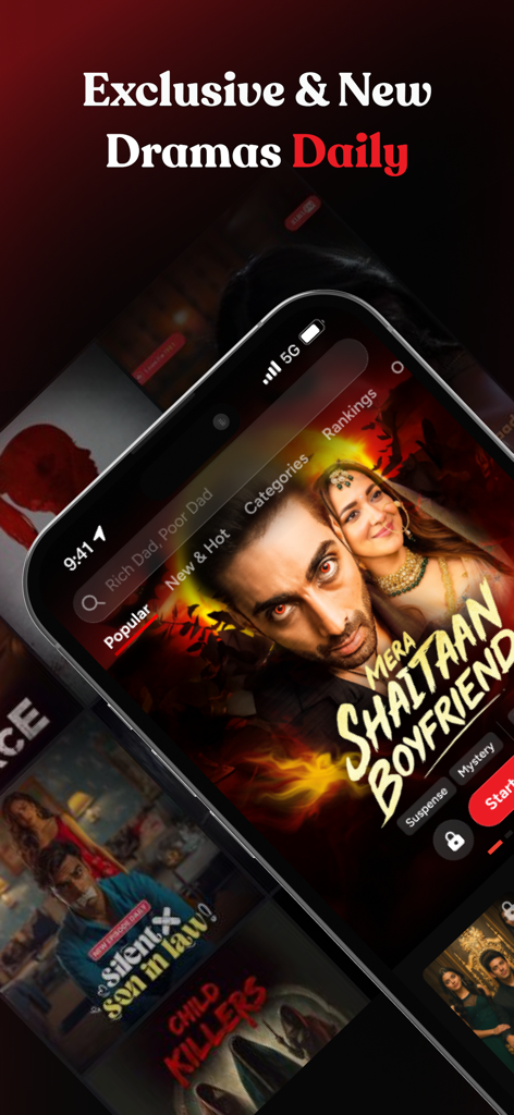 Smartphone screen displaying the Kuku TV app with various short-form drama movie posters like Mera Shaitaan Boyfriend and Silent Son in Law