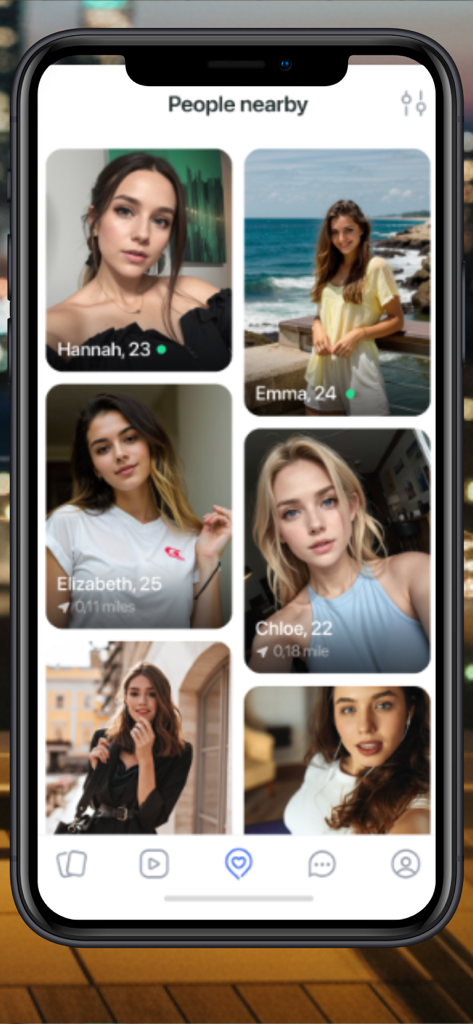 LovePlanet - Dating App - Interfaz de la aplicación de citas LovePlanet que muestra una cuadrícula de fotos de perfil de personas cercanas