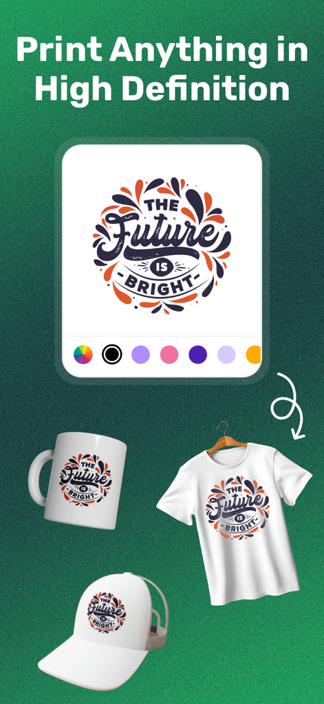 Cutout-Design Space for Cricut - Uma pré-visualização de design mostrando um logotipo 'The Future is Bright' aplicado a um mockup de caneca, camiseta e chapéu personalizados