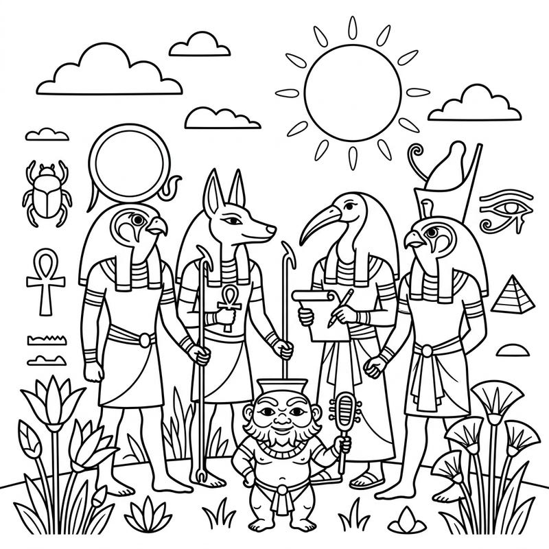 Bring the legendary deities of Ancient Egypt to life with this exciting coloring page designed especially for kids! Little artists can explore iconic gods like Horus, Anubis, and Thoth, surrounded by ancient symbols and lush lotus flowers.