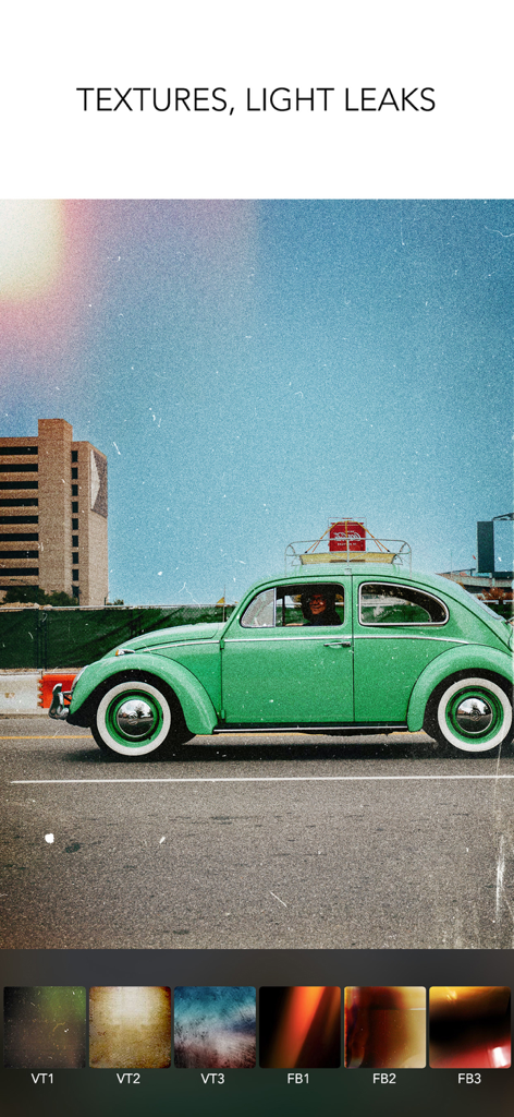Vintage green car edited with light leaks and film textures using PICSPLAY Classic app