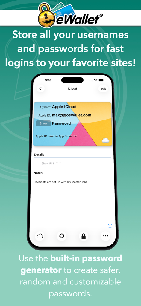 eWallet - Password Manager - Interfaz de la aplicación gestora de contraseñas eWallet mostrando una tarjeta de inicio de sesión de iCloud con nombre de usuario y detalles de contraseña.