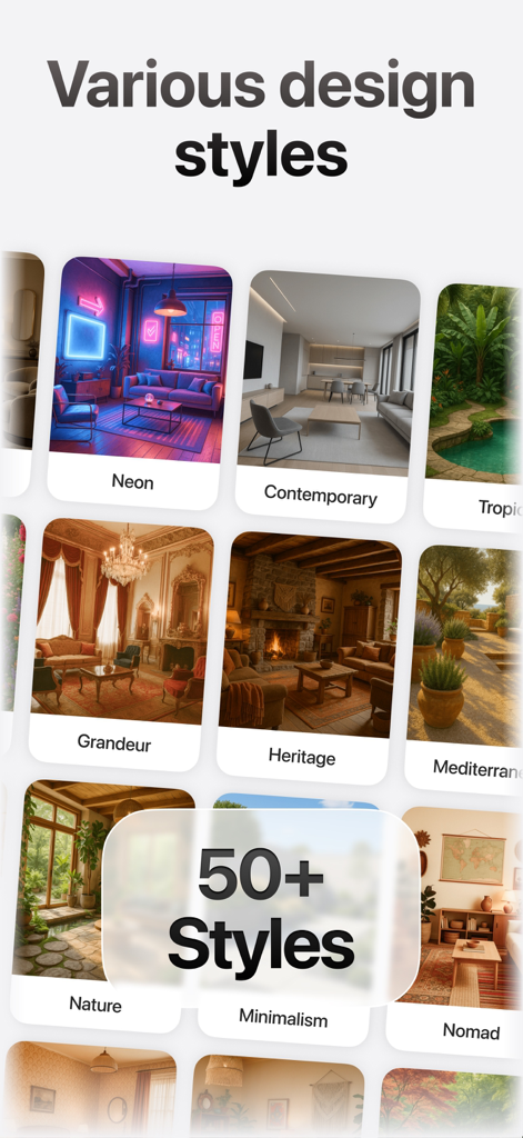 ReRoom AI: Interior Design - A grid display of various interior and exterior design styles like Contemporary Neon and Mediterranean within the ReRoom AI app