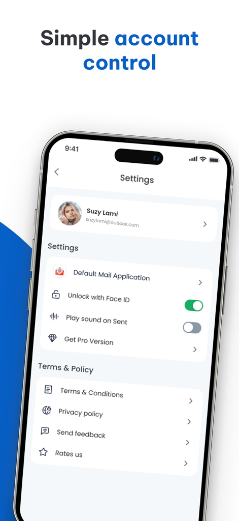 Tela de configurações do aplicativo de e-mail para Hotmail mostrando o alternador de segurança Face ID e opções de controle de conta