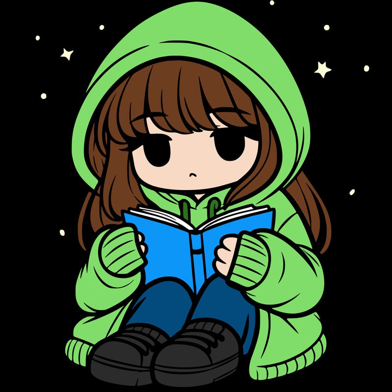 girl in oversized hoodie reading a book