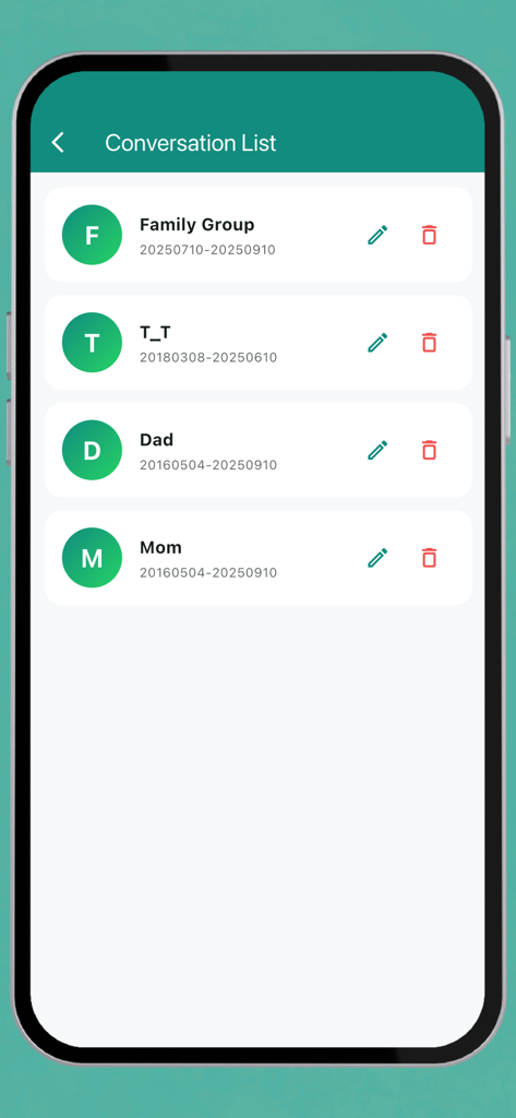 Eine Gesprächsliste in der WA Chat Export Viewer App zeigt importierte WhatsApp-Chats von Familie und Eltern an