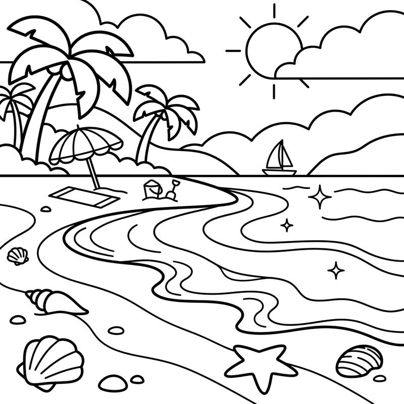 Introduce your little one to the wonders of a peaceful beach with this delightful coloring page. Designed with thick lines and simple shapes, it's perfect for developing early motor skills and sparking their imagination.