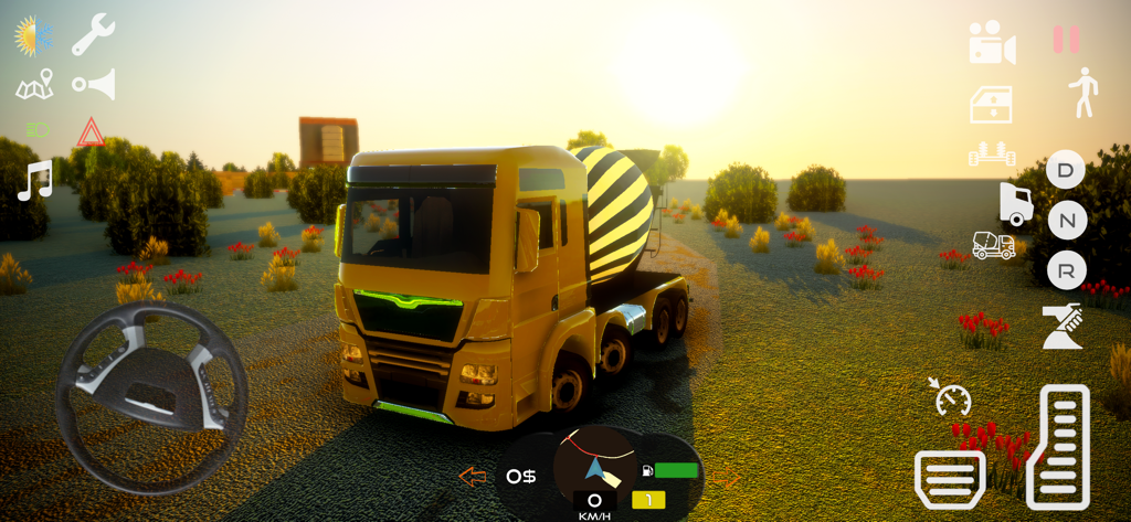 Truck Simulator Driving Euro - Un camión hormigonera amarillo conduciendo por un campo al atardecer en la interfaz del juego móvil Truck Simulator Driving Euro.