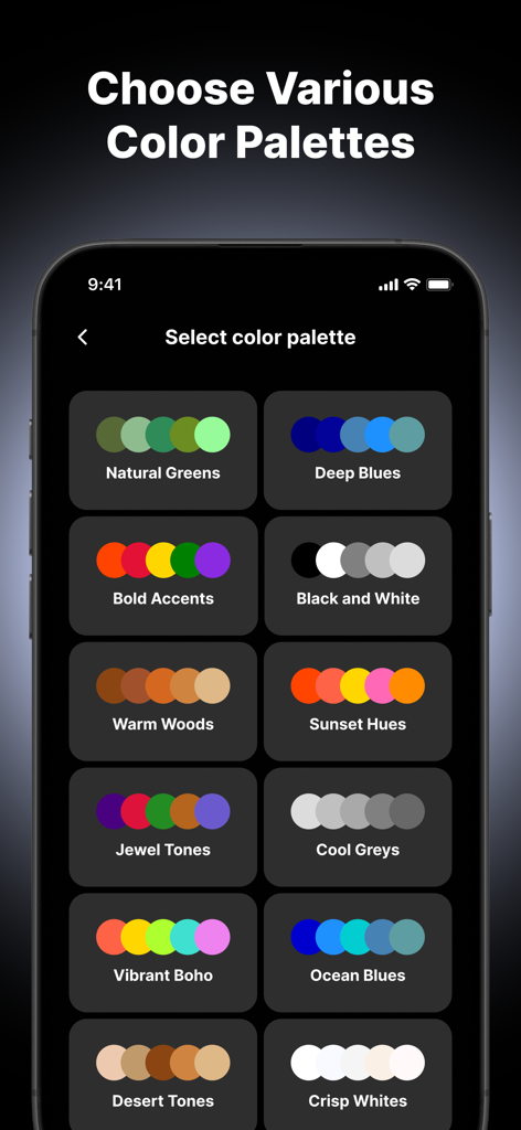 AI Home Planner – Design App - Interfaz de la aplicación Planificador Hogar IA mostrando una selección de paletas de colores que incluyen Verdes Naturales, Azules Profundos y Maderas Cálidas para la personalización del diseño de la habitación.