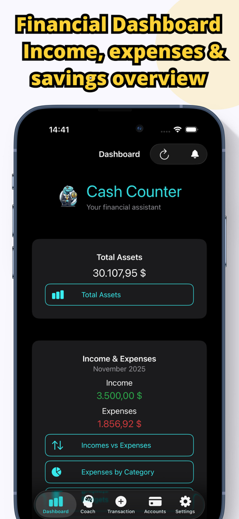 Cash Book: Cash Counter - Panel financiero de la aplicación móvil Cash Counter que muestra ingresos, gastos y activos totales.