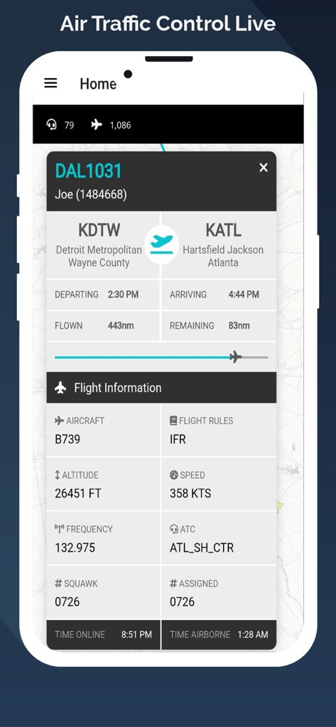 Interfaz de datos de vuelo en tiempo real que muestra el vuelo DAL1031 de Detroit a Atlanta con información de altitud y velocidad.