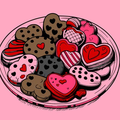 simple drawing. realistic plate of valentines day cookies