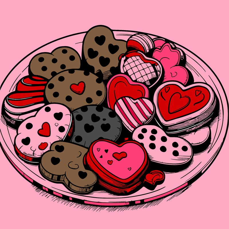 simple drawing. realistic plate of valentines day cookies