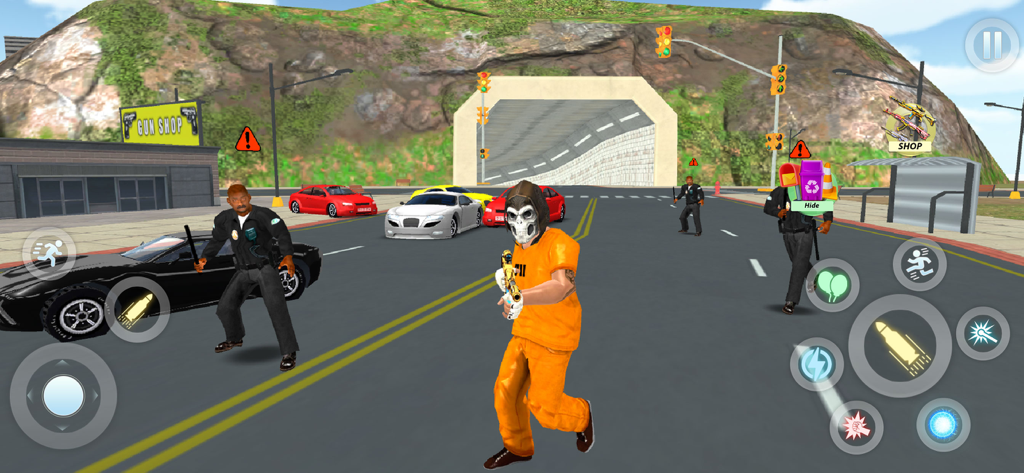 Gangster Vegas Crime Town Game - オープンワールドの街でのストリートミッション中に、ゴールデンガンを持ったオレンジ色の囚人服とスカルマスクのキャラクター