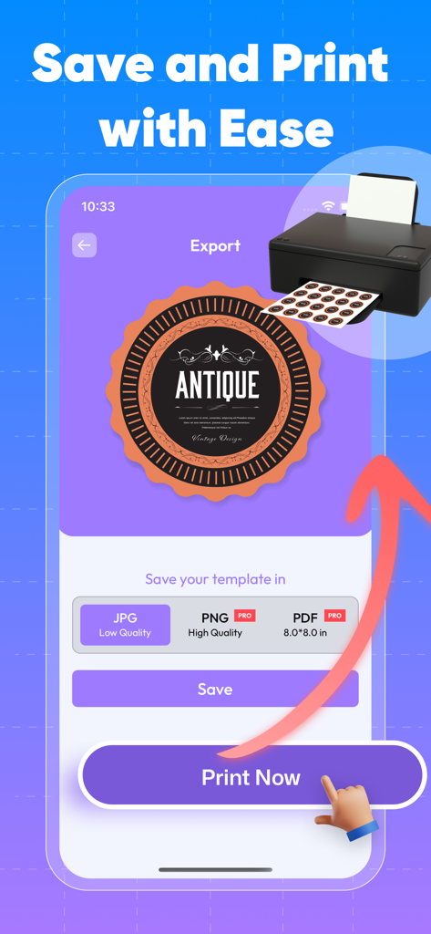 Interface de l'application Label Maker Print Master montrant les options d'exportation pour JPG, PNG et PDF avec un bouton Imprimer maintenant.