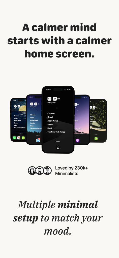 Several iPhones displaying minimalist text based home screen layouts to reduce digital distraction