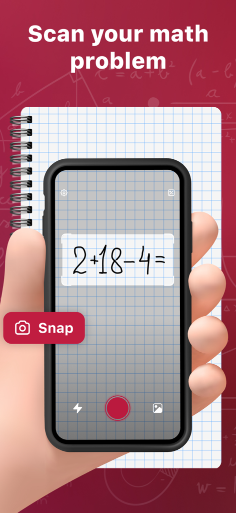 Photosolve - Math Photo App - A person holding a smartphone using the Photosolve app to scan a handwritten math problem on a notebook