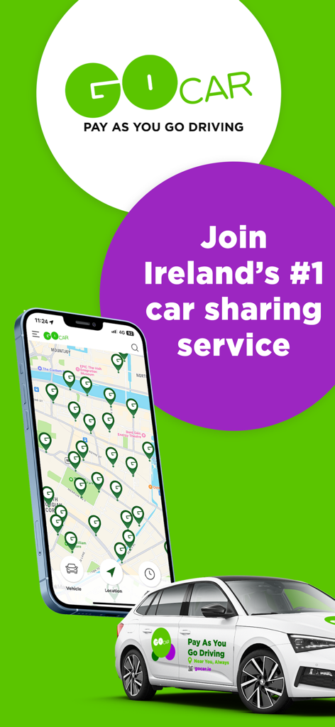 GoCar mobile app showing vehicle locations on a city map and a branded rental car