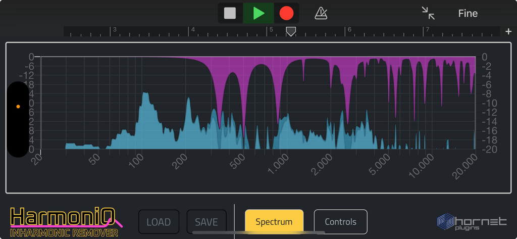 HoRNet HarmoniQ - Interface of HoRNet HarmoniQ audio plugin showing the real-time frequency spectrum and inharmonic filtering.