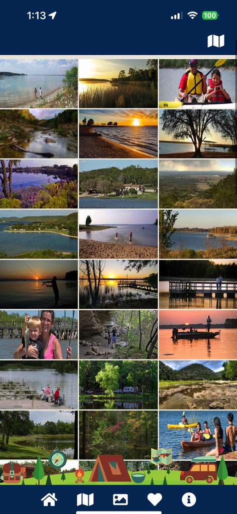 TX State Parks - A photo gallery screen in the TX State Parks app featuring outdoor activities like fishing, kayaking, and camping at various park locations.