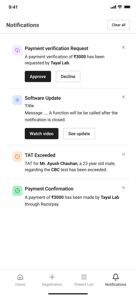 Flabs LIMS App Benachrichtigungsbildschirm mit Zahlungsaufforderungen und Statusaktualisierungen von Labortests