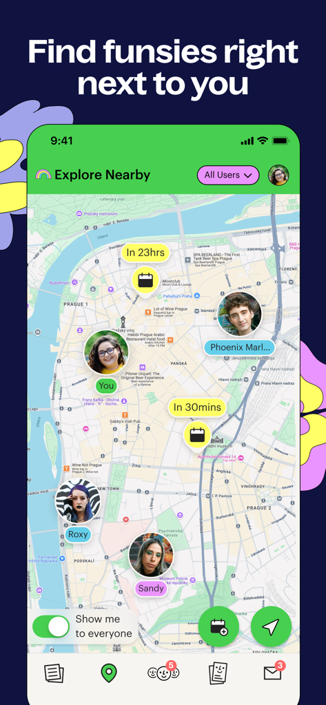 Lex: Queer Social LGBT Friends - Lex app map interface showing nearby queer community members and local events