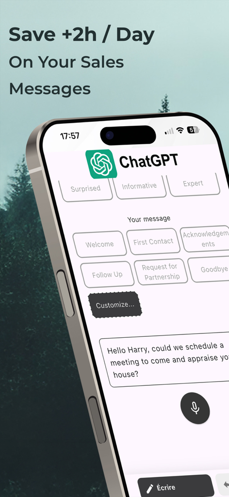 Airswop Mobile-App-Oberfläche für KI-generierte professionelle Vertriebsnachrichten
