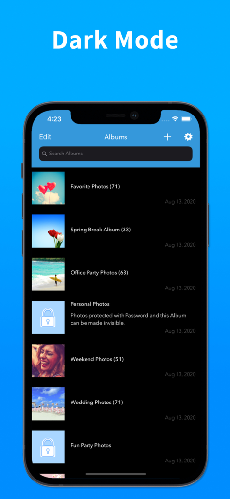 Photo Album Private Manager - Photo Album Private Manager app showing the album list with a dark mode interface and locked folders