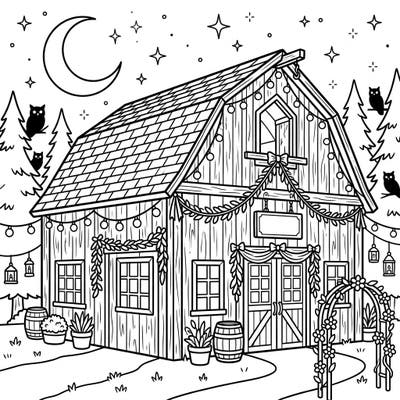 Step into a charming night scene with our detailed event barn coloring page. This rustic venue, adorned with lights and garlands, sits peacefully under a starry sky, offering a delightful escape for your creative spirit.