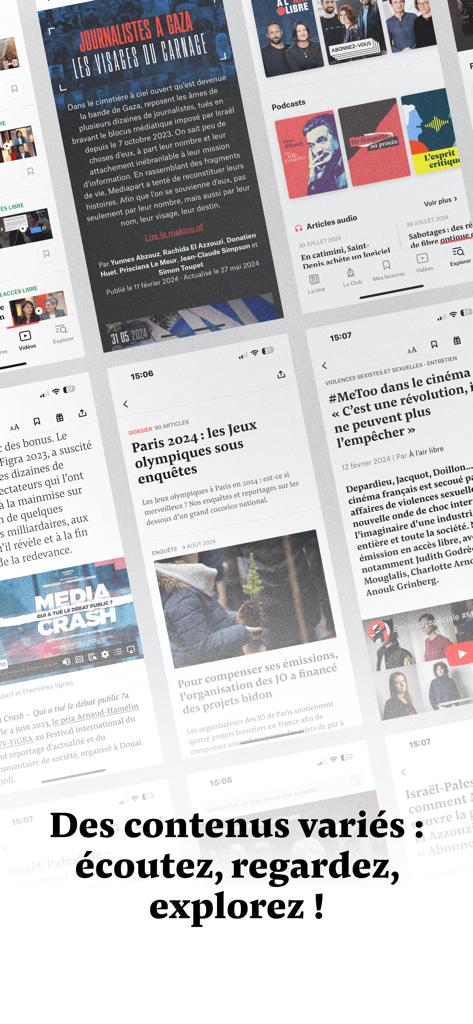 Mediapart, journal indépendant - 調査報道、ポッドキャスト、ビデオドキュメンタリーを表示するMediapartモバイルアプリの複数の画面