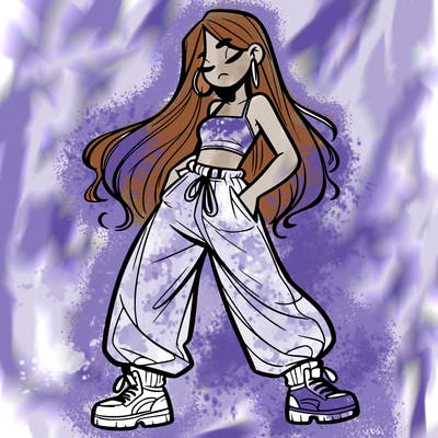 girl in baggy pants crop top and long hair