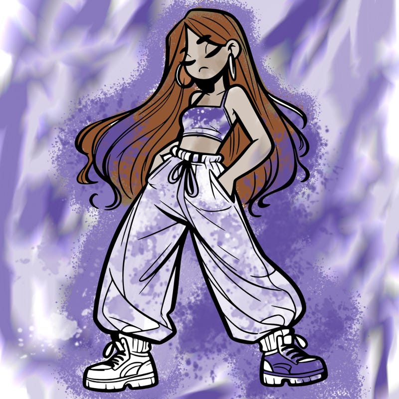 girl in baggy pants crop top and long hair